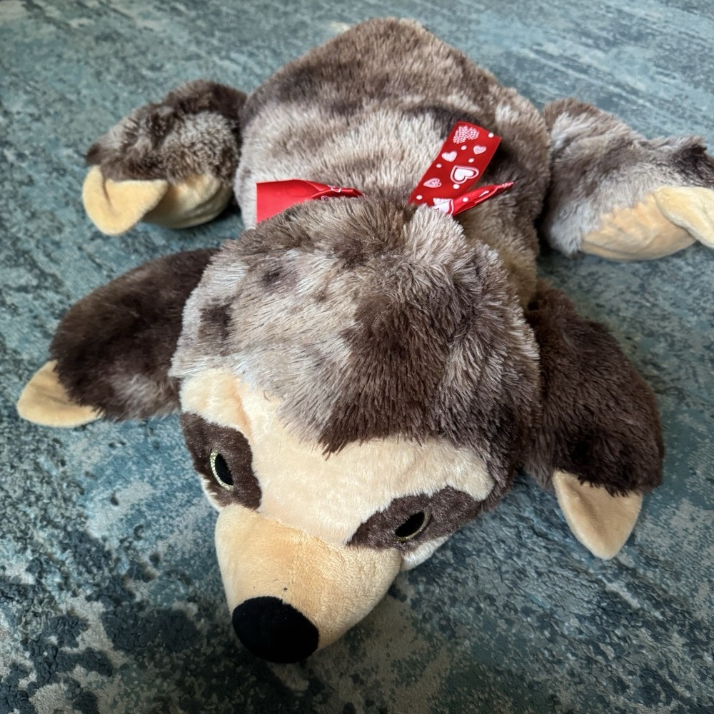 28" Laying Down Brown Sloth Stuffed Plush Gold Glitter Eyes Red Heart Bow